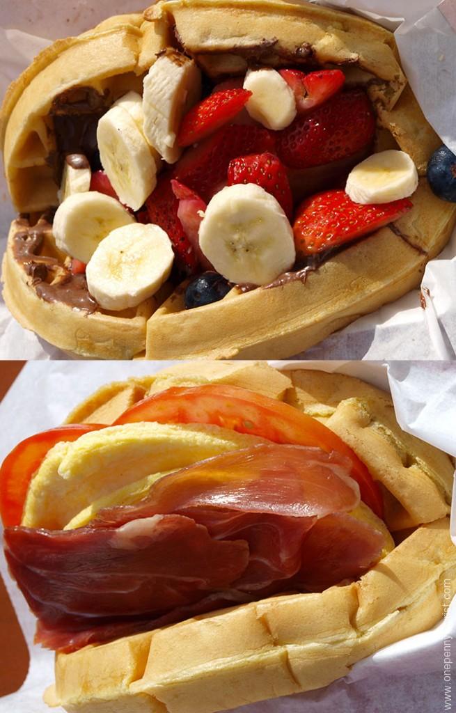 Top: Fruit and Nutella Waffle Sandwich - Nutella, bananas, strawberries and blueberries. Bottom: Breakfast Waffle Sandwich - Prosciutto ham, cheese, egg and tomato. From Magic Kingdom, Walt Disney World, Florida. www.onepennytourist.com