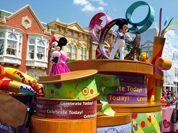 Mickey and Minnie in the Celebrate A Dream Come True Parade in the Magic Kingdom at Walt Disney World