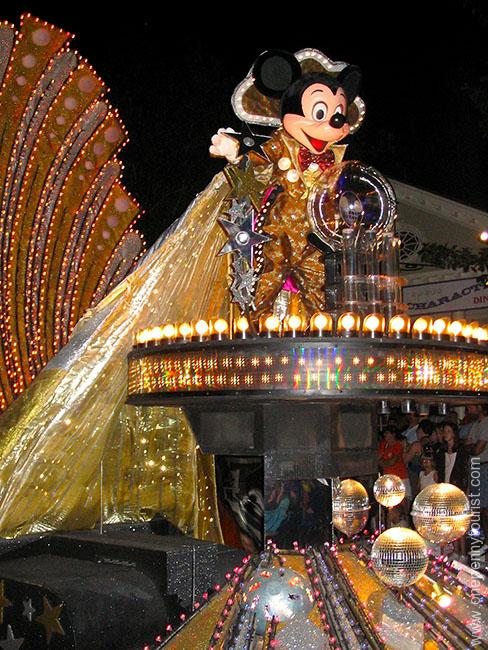 Mickey appearing in Spectromagic in the Magic Kingdom at Walt Disney World
