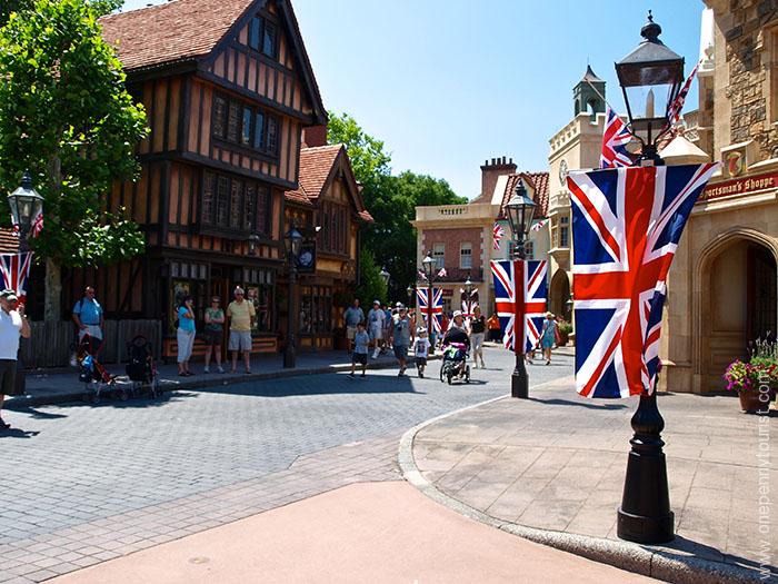 Union Jacks lining the side streets of the UK Pavilion in Epcot in 2011 in celebration of Will and Kate's Royal Wedding