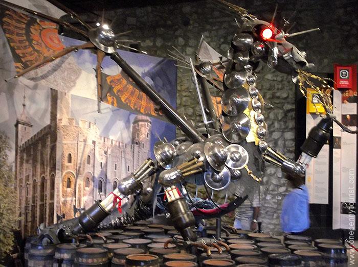 A dragon made of armour in the Tower of London. These were made from the armour of vanquished opponents onepennytourist.com