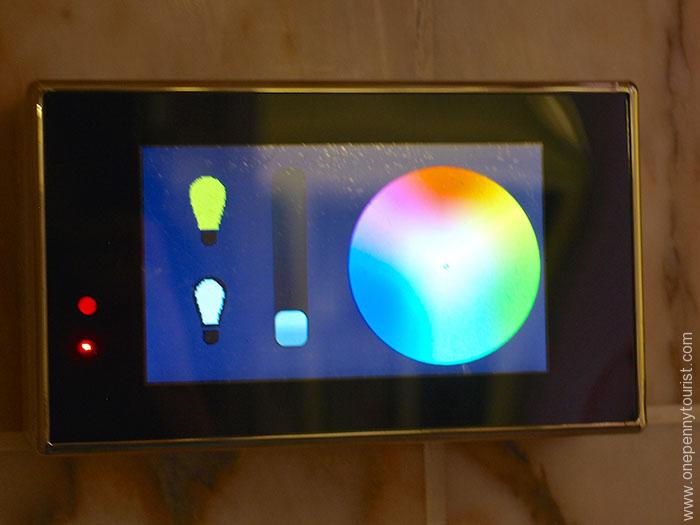 Absalon Hotel in Copenhagen - bathroom device to change colour of the lights. OnePennyTourist.com